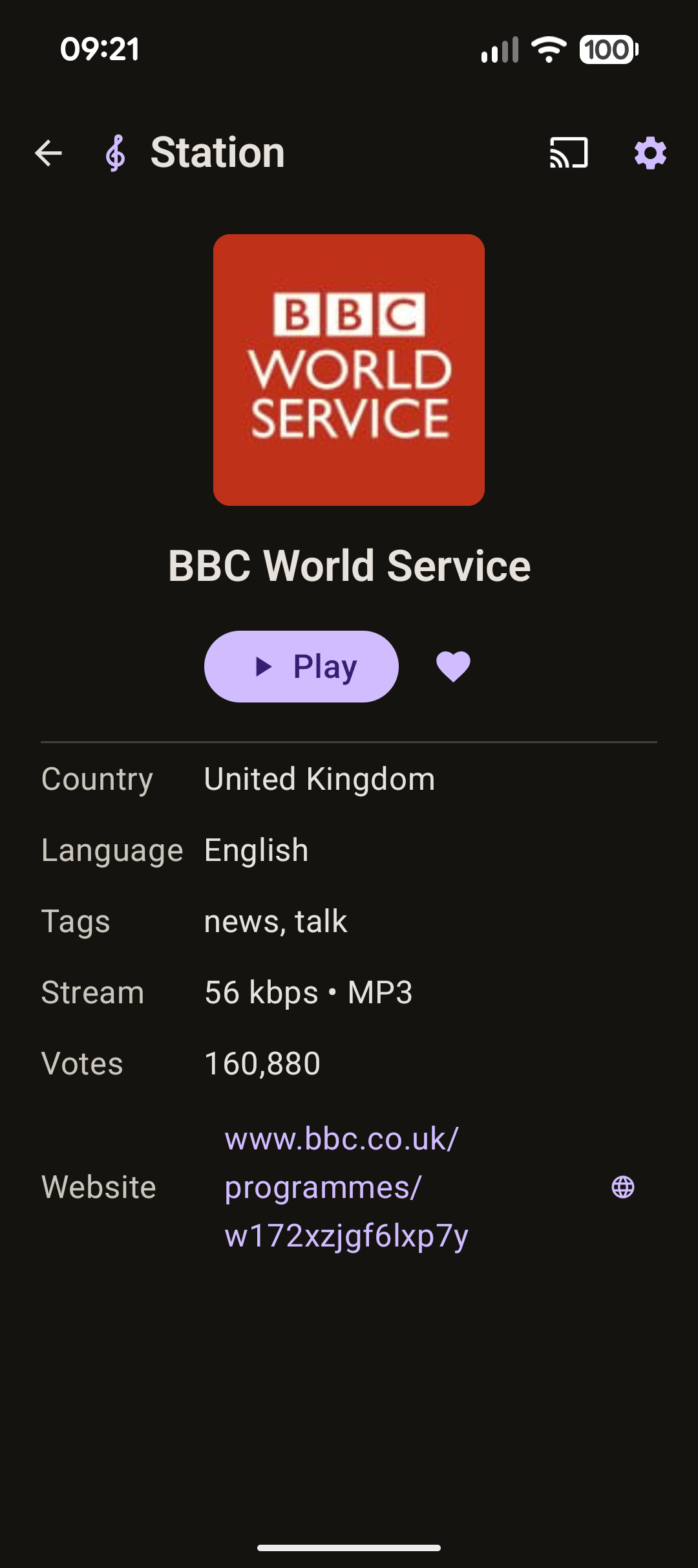 A Musika station page for BBC World Service, listing country, language,
                tags, stream bitrate and codec, community vote count and a link to the
                station's own website.