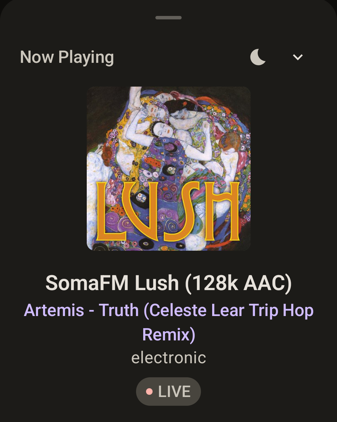 The Musika Now Playing screen, showing station artwork, the station
                name, the live track title and a LIVE badge.