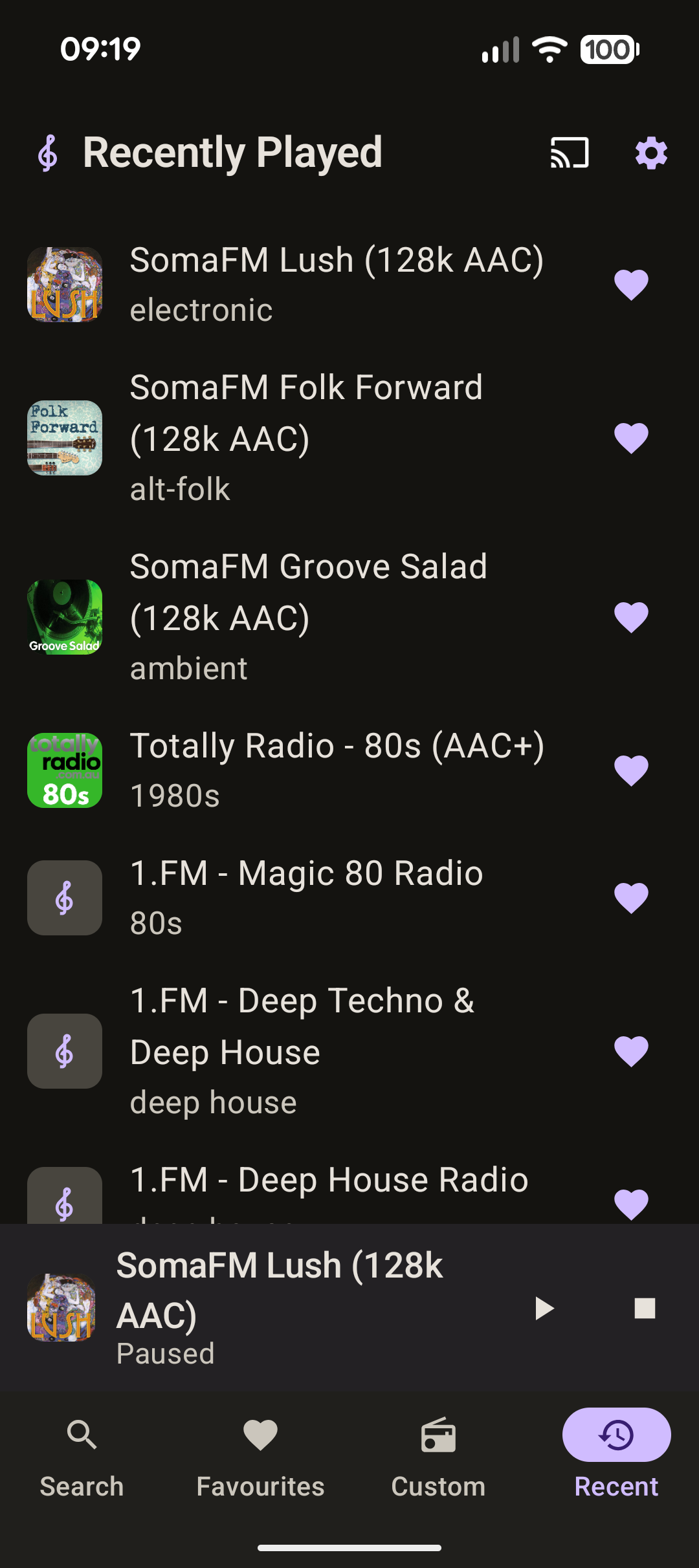 The Musika Recently Played tab, listing recently played stations with a
                heart to favourite each one.