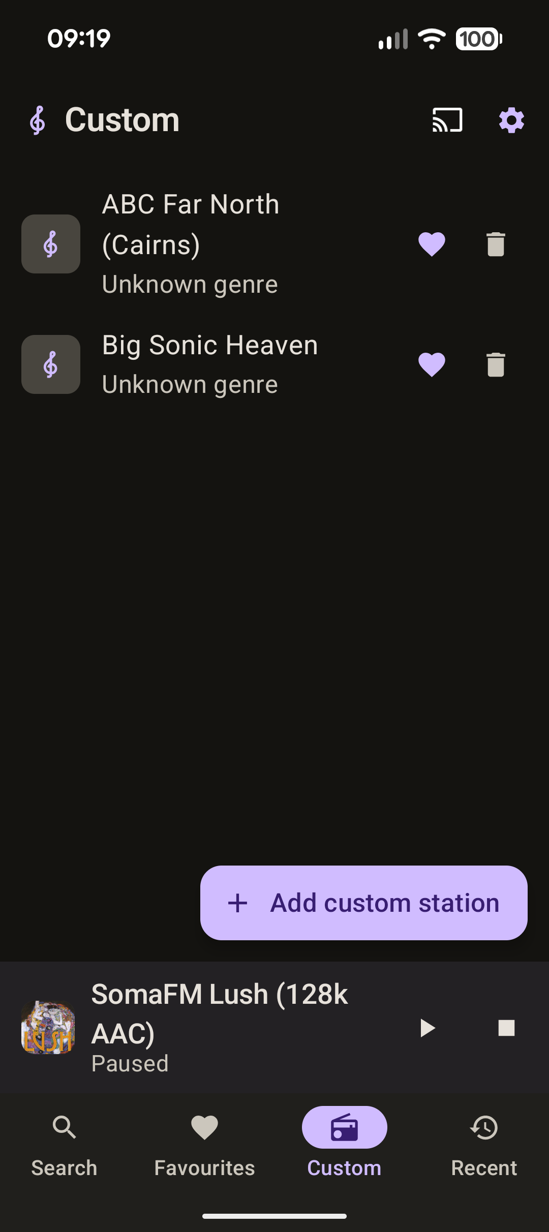 The Musika Custom tab, listing user-added radio stations with an Add
                custom station button.
