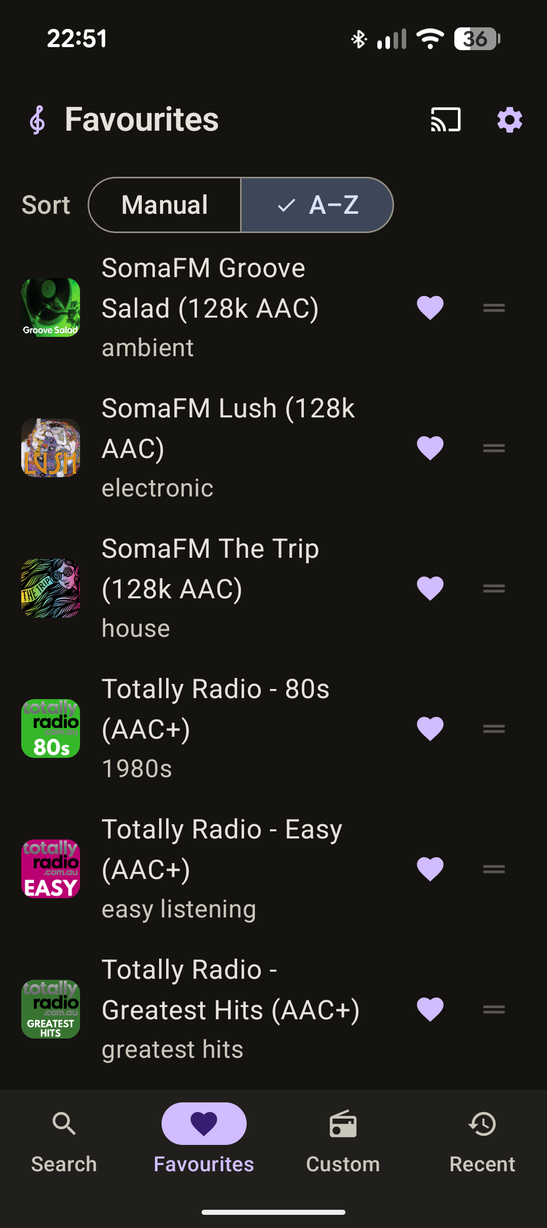 The Musika Favourites tab, sorted A to Z, listing saved stations with
                      their artwork, genre and a drag handle for reordering.