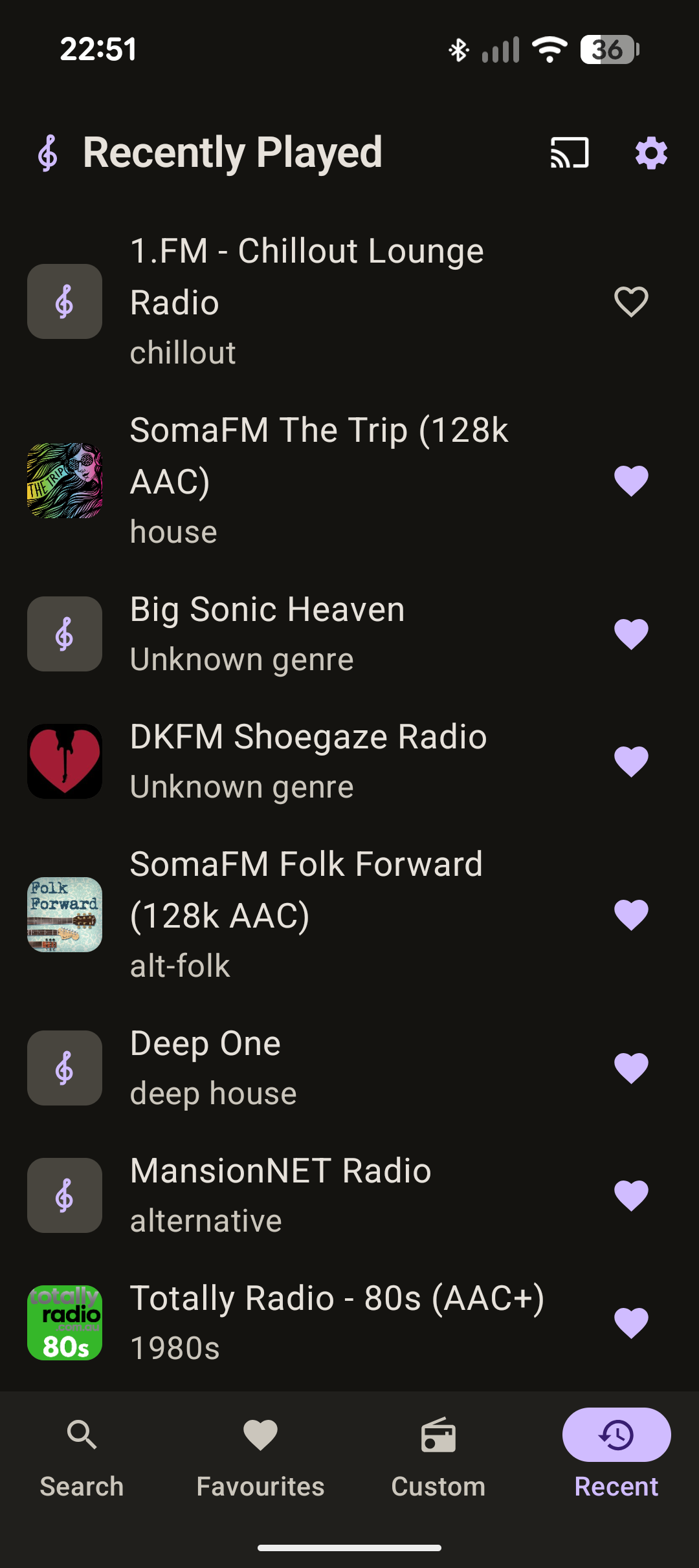 The Musika Recently Played tab, listing stations played lately with a
                      heart to favourite each one.