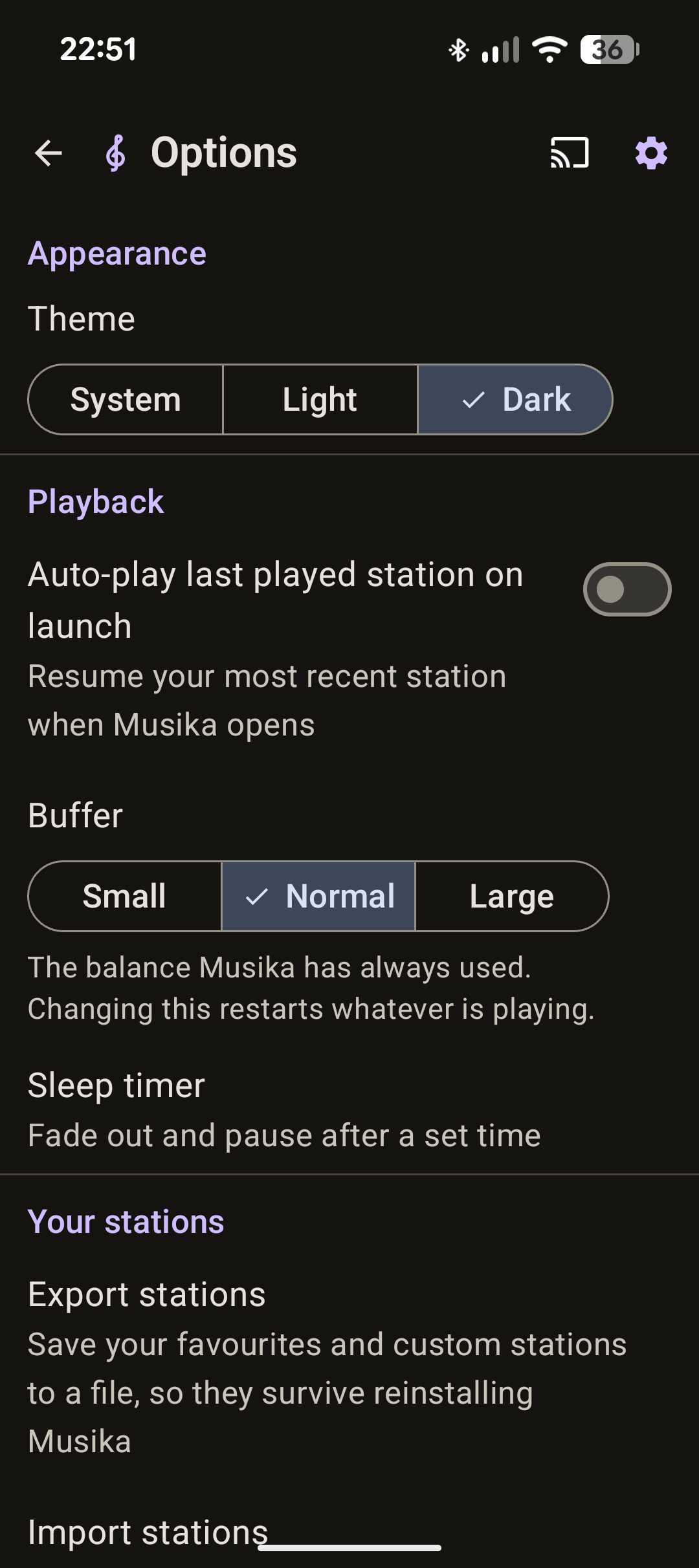 The Musika Options screen, with theme, auto-play, buffer size and
                      sleep timer settings and buttons to export and import stations.